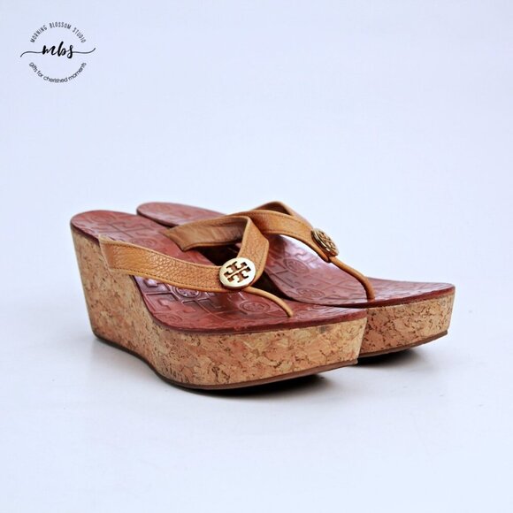Tory Burch Thora Leather Cork Platform Wedge Sandals Tan Gold Women 8.5 - Picture 2 of 13